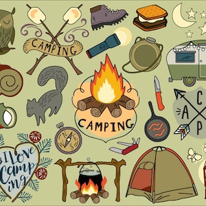 Camping Clipart, summer clipart, bullet journal stickers, vacation clipart, campfire clip art, camping clip art, hiking clip art, tent