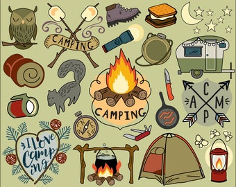 Camping Clipart, Sommer Clipart, Bullet Journal Sticker, Urlaub Clipart, Campfire Clip Art, Camping Clip Art, Wandern Clip Art, Zelt