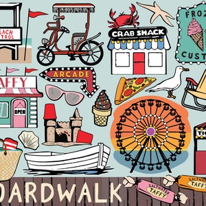 Boardwalk clipart, beach clipart, beach printable stickers, pier clipart, beach clip art, beach icons, amusement park clipart, Ferris wheel