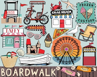 Clipart de paseo marítimo, clipart de playa, pegatinas imprimibles de playa, clipart de muelle, clip art de playa, iconos de playa, clipart de parque de atracciones, noria