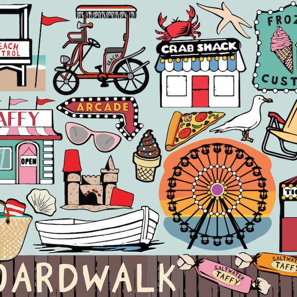 Boardwalk clipart, beach clipart, beach printable stickers, pier clipart, beach clip art, beach icons, amusement park clipart, Ferris wheel