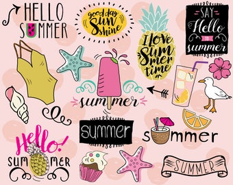 Hola Summer Clipart, vector, clipart de playa, clip art de piña, garabato, pegatinas de verano, pegatinas de playa, clip art de vacaciones, clipart de natación