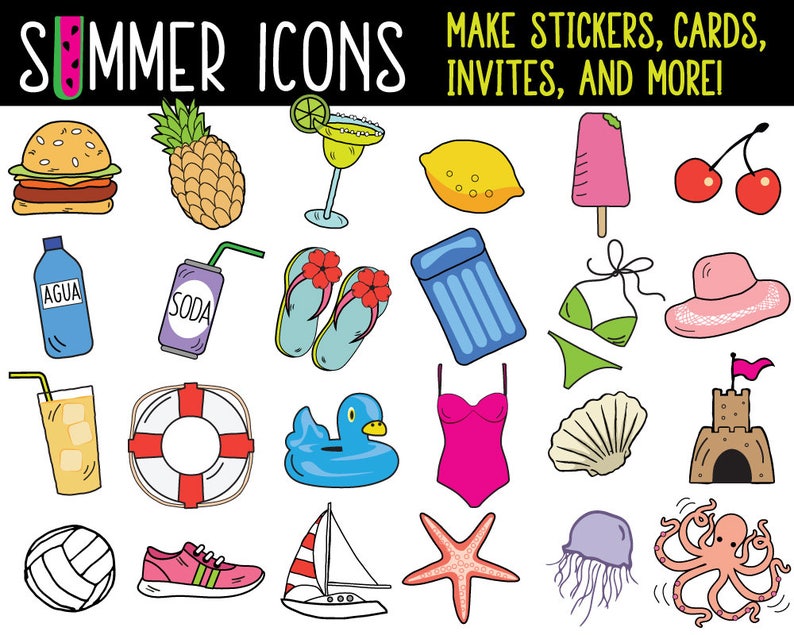 May include: A set of 25 colorful summer themed icons, including a watermelon, a hamburger, a pineapple, a margarita, a lemon, a popsicle, cherries, a bottle of water, a can of soda, flip flops, a pool float, a swimsuit, a seashell, a sandcastle, a volleyball, sneakers, a sailboat, a starfish, a jellyfish, and an octopus.  Make stickers, cards, invites, and more!