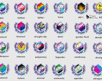 May include: A set of 20 colorful stickers featuring different pride flags. Each sticker is a holographic iridescent circle with a black outline and a white background. The stickers feature a variety of pride flags, including the rainbow flag, the transgender flag, the bisexual flag, and the pansexual flag. The text "This is how I roll" is printed around the edge of each sticker.