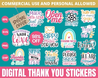 Digital Thank You Stickers SVG Bundle, Thank you Printable stickers, made with love svg, Thank you stickers Digital Download MBS-0550