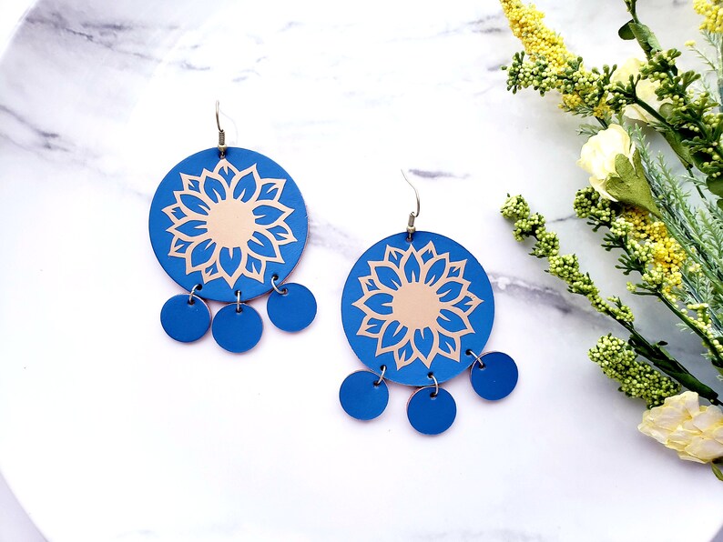 Raw Golden Flower Statement Earrings Genuine Leather Earrings Summer Earrings Statement Earrings Blue leather
