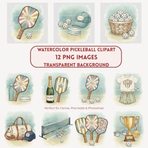 May include: A watercolour clipart set showcasing pickleball items. The set includes paddles, balls, a net, a trophy, and a duffel bag. The text reads "WATERCOLOR PICKLEBALL CLIPART 12 PNG IMAGES TRANSPARENT BACKGROUND".