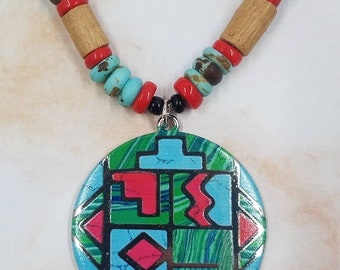 Fiesta Spirit Necklace • Aztec Spirit Jewelry • South American Art Necklace • Red and Green • Geometric Art Color Necklace • Jungle River