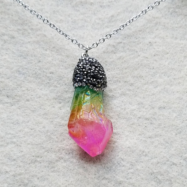 Pink Orange Green Large Crystal Pendant Cap with Black Sparkling • Multi-Colored Luminescent Crystal Pendant • Rainbow Crystal Pendant