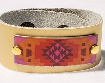 Southwestern Grace Orange and Metallic Gold Leather Cuff Bracelet • Southwestern Gold Cuff Bracelet • Gold Leather Cuff Bracelet • Western