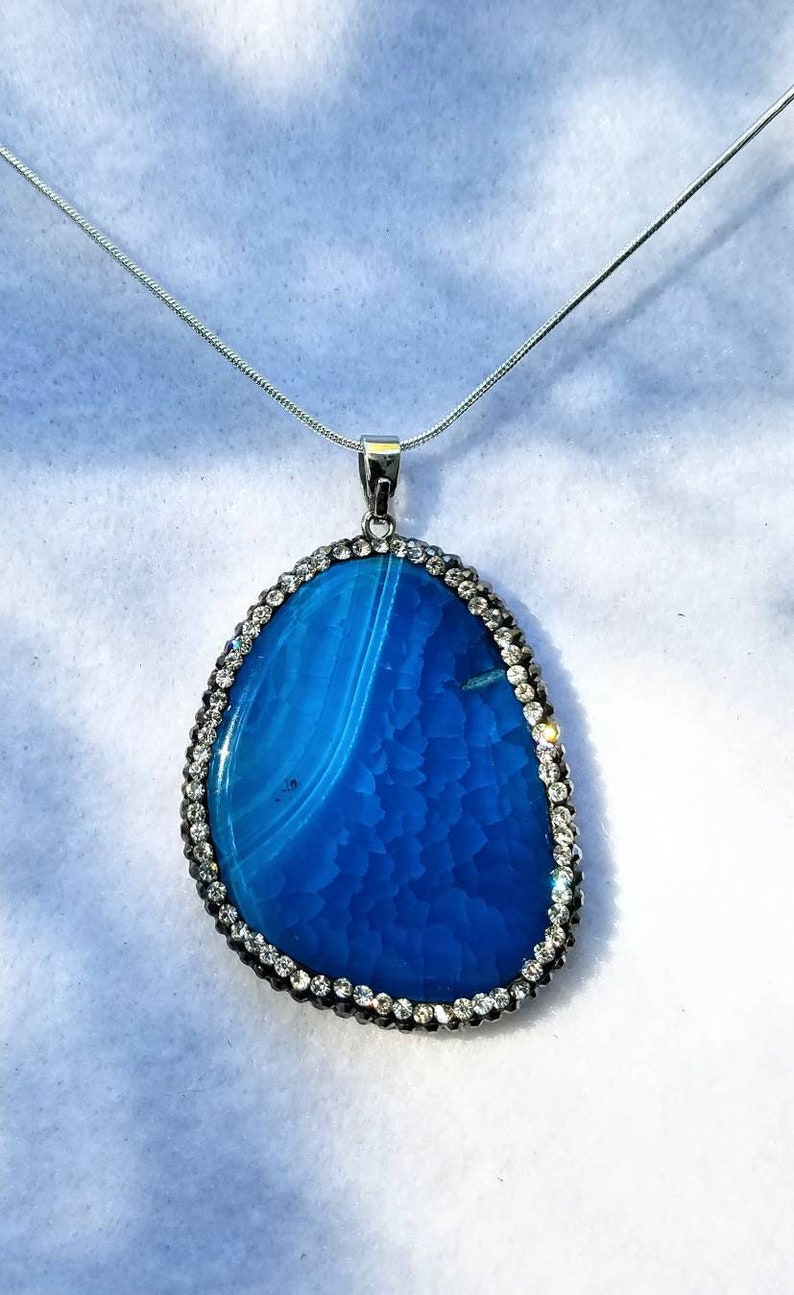 Deep Blue Stone Pendant With Crystals Banded Agate Pendant Rich Blue