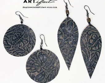 Indigo Blue Tooled Leather Dangle Earrings - Your Choice of 2 Styles