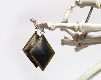 Embossed Leather Dangle Earrings - Dark Brown and Antique-Bronze - One of a Kind
