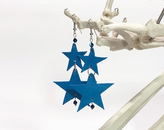 Hand-Cut Leather Dangle Earrings - Caribbean-Blue Double-Star - One of a Kind