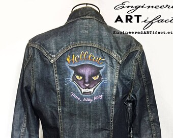 Hellcat Hand-Painted Denim Jacket - Gap Denim - US Women's Size L - Bad Kitty Jacket