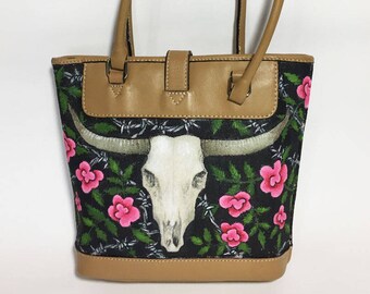 Hand Painted Canvas Cowgirl Purse - Cow Skull, Horseshoe, Roses, and Barbed Wire Decorated Handbag - One of a Kind Western Art Bag