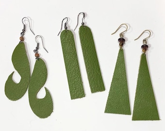 Hand-Cut Leather Dangle Earrings - Olive/Grass Green - Your Choice of 3 Styles