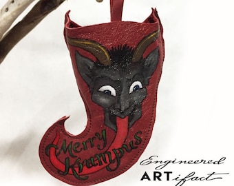 Merry Krampus! Red Leather Stocking Ornament
