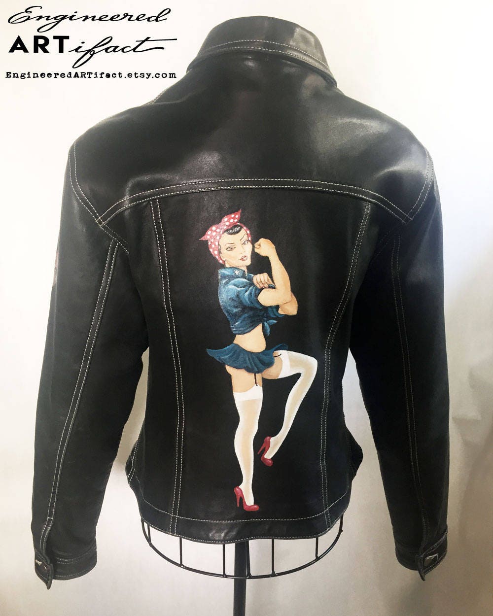 HandPainted Leather Jacket Rosie the Riveter Pinup Girl Etsy