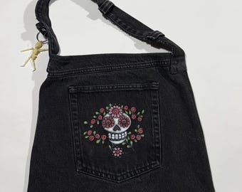 Dia de los Muertes Hand-Painted Denim Shoulder Bag
