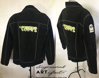 Black Suede Leopard-Lined Jacket with Hand-Stitched Leather Patches - The Cramps - RIP Lux - Men's Size L - One of a Kind Customized Coat