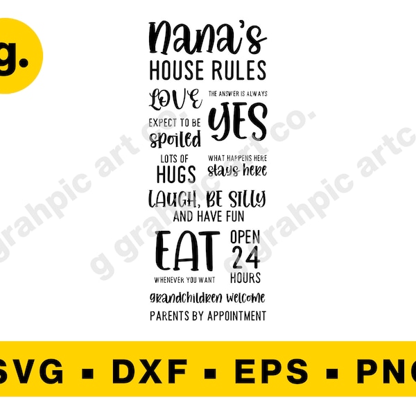 Nana's House Rules SVG Graphic File for Cricut, Cameo, POD, Printable. Svg, Png, Eps, Dxf etc