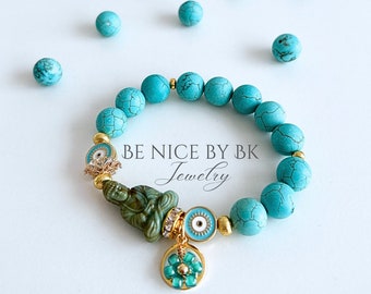 Boeddha armband turquoise in boho stijl, 24k verguld, parelarmband dames, trends 2024, cadeau voor beste vriend