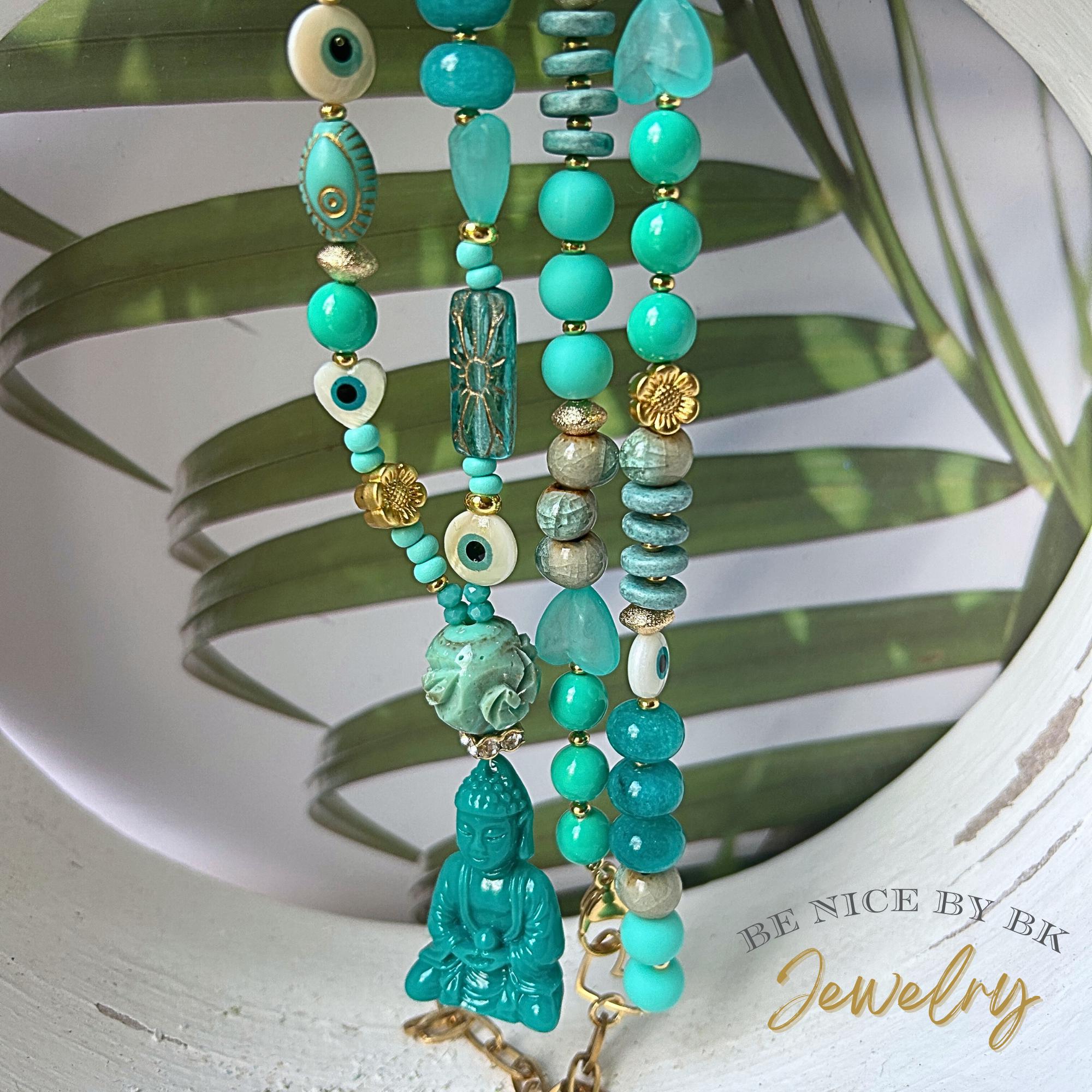 Collier Vintage Long - Perles, Turquoise, Os Et Tête De Bouddha - Occasion Bon état