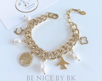 Gold Charm Bracelet Travel Edition, Bracelet with Charms, Curb Chain Bracelet for Women, Bracelet for Girlfriend, Jewelry Gift