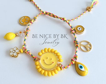 Bettelarmband Charm, Evil Eye Schmuck, Smiley Armband, Armband mit Anhänger, Hippie Schmuck, Geschenkideen Freundin