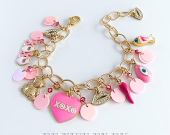 Charm bracelet, 18k gold plated, pink bracelet, trendy women's bracelets, charm bracelet, bracelet for girlfriend, jewelry trends 2026