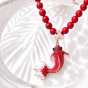 Fisch Halskette rot, Statement Kette Damen, Fish Necklace, Sommer Schmuck Y2K Style