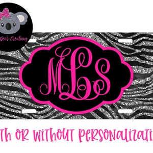 Silver and Black Zebra Print Monogram license plate car tag | Custom car tag | Custom license plate