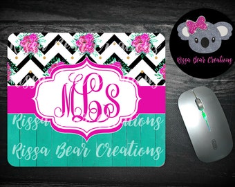 Personalized Monogram Pink and Teal Floral pattern mouse pad | custom mouse pad | floral mouse pad