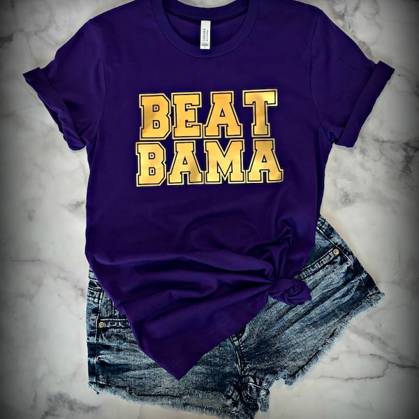 Beat Bama purple and gold t-shirt | Women's LSU shirt | Women's Beat Bama shirt | purple and gold shirt