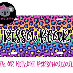 Personalized Nostalgic 90s Rainbow Leopard Print license plate car tag | Lisa Frank inspired car tag | Custom license plate