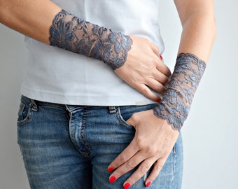 Sleeve extender, One Pair, Stretch lace long cuff bracelet, Wrist tattoo cover up, Wrist scar cover, w4204