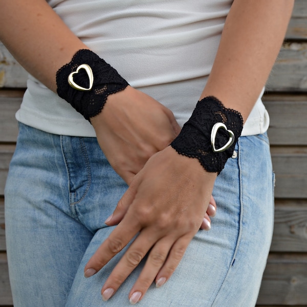 Ensemble de bracelet de cœur, ensemble de manchette en dentelle noire, couverture de tatouage de poignet, brassard d’arc, wU7073