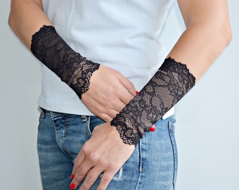 Sleeve extender, One Pair, Stretch lace long cuff bracelet, Lace wrist cuff, Wrist tattoo cover up, w2286