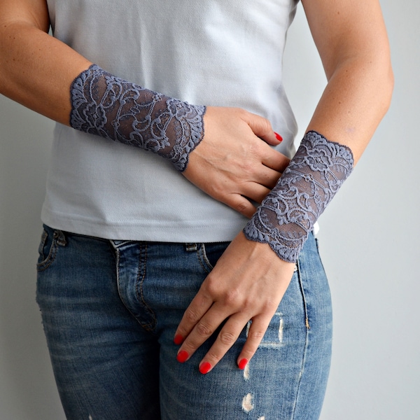 Grey Lace Bracelet, One Pair, Wrist Tattoo Cover Up, Wrist Warmers Sleeve Extender, w4247