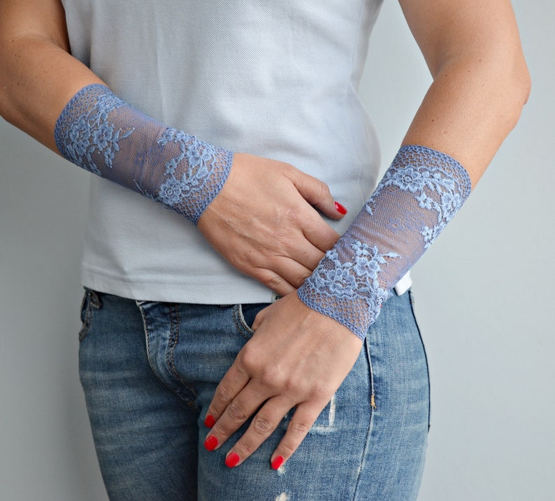 Wrist Tattoo Cover Up in Steel Blue Long Cuff Bracelet