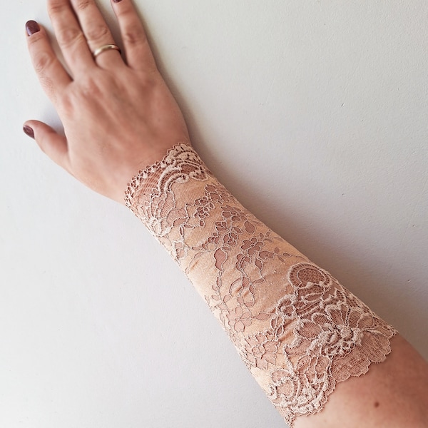 Beige Sleeve extender, One Pair, Stretch lace long cuff bracelet, Lace wrist cuff, Wrist tattoo cover up, w677