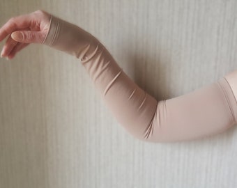 Beige Long Arm Sleeves Pair Sun Protection, Long Gloves Breathable, Lace Ice Sleeves, Tattoo Cover up, Arm Warmers