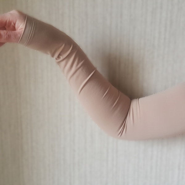 Beige Long Arm Sleeves Pair Sun Protection, Long Gloves Breathable, Lace Ice Sleeves, Tattoo Cover up, Arm Warmers