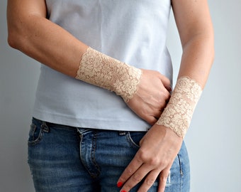 Wrist Tattoo Cover Up, Beige Lace Cuff Bracelet, Sleeve Extender, Any Occasion Gift, w8010