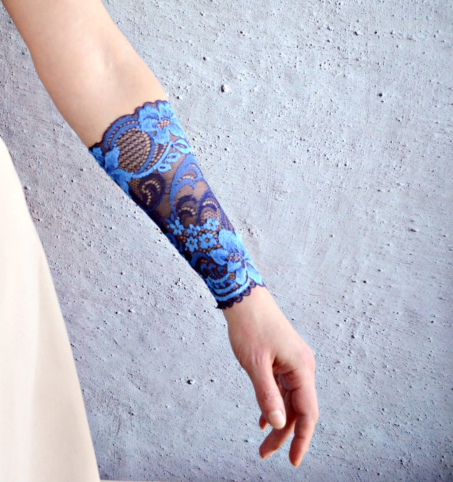 Blue Long Cuff Bracelet Pair, Arm Tattoo Covers, Forearm Cover, Lace
