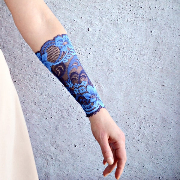 Blue long cuff bracelet pair, Arm tattoo covers, Forearm cover, Lace armband, w7216