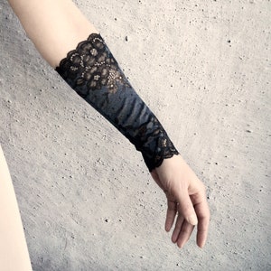 Black long cuff bracelet pair, Arm tattoo covers, Forearm cover, Lace armband, w463