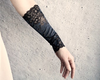 Black long cuff bracelet pair, Arm tattoo covers, Forearm cover, Lace armband, w463