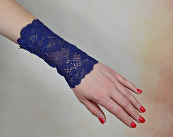 Blue Lace Cuff Bracelet, One Pair, Wrist Tattoo Cover Up Stretch Bracelet, Lace Sleeve Extender, w2588